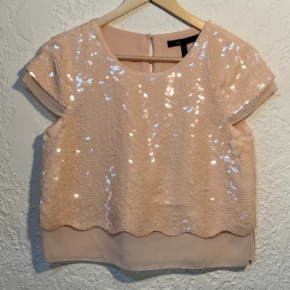 BCBGMaxAzria Rose Beige Joanna Sequin Crop Top XS